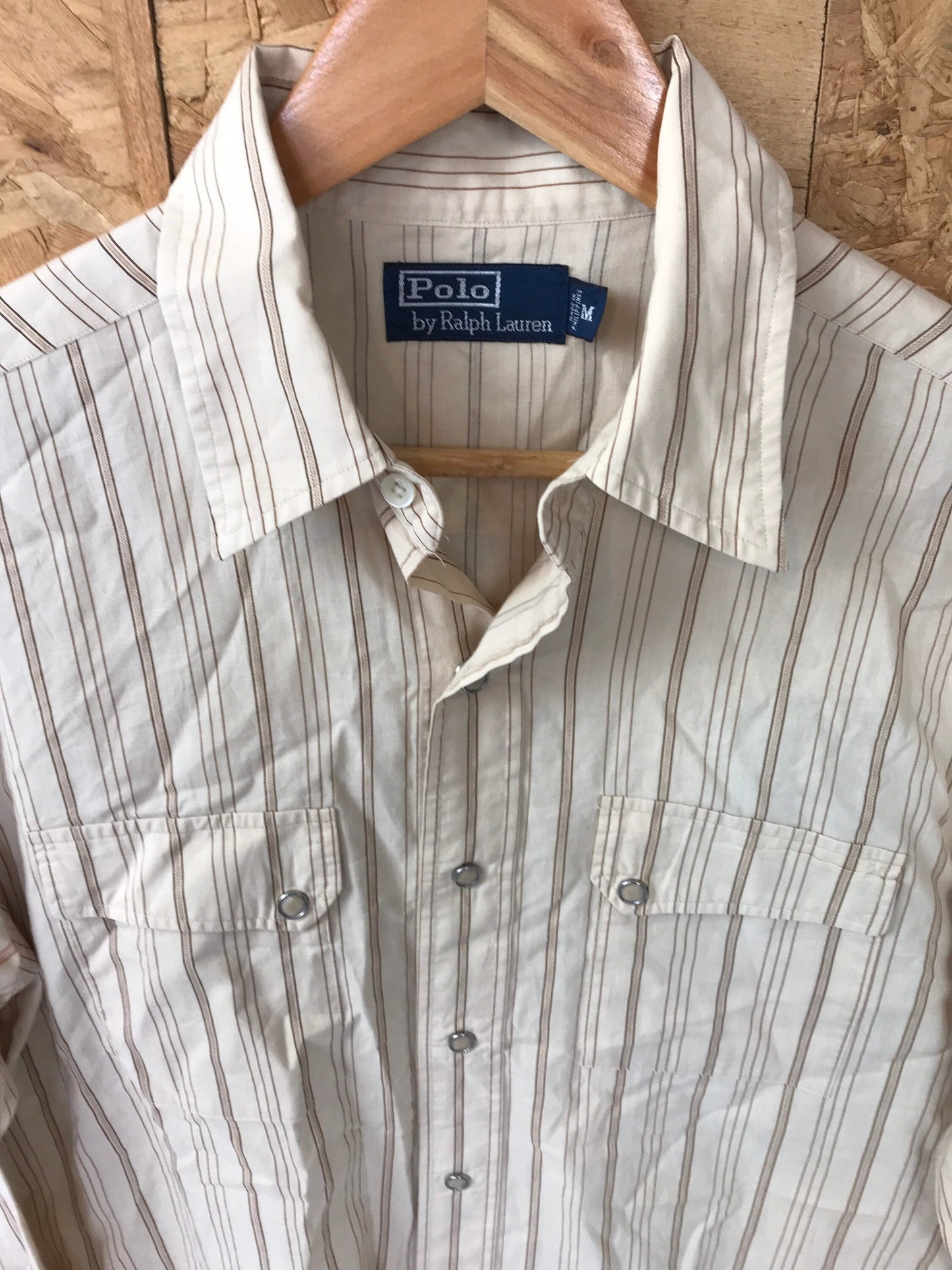 Vintage 90s Polo Ralph Lauren beige striped western cowboy cowgirl rodeo ranch wear shirt size medium