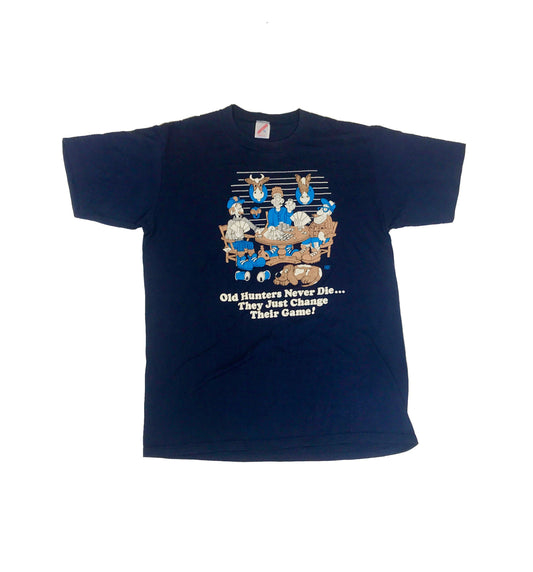 Vintage 87 old hunters never die, they just change their game USA souvenir navy blue t shirt size XL