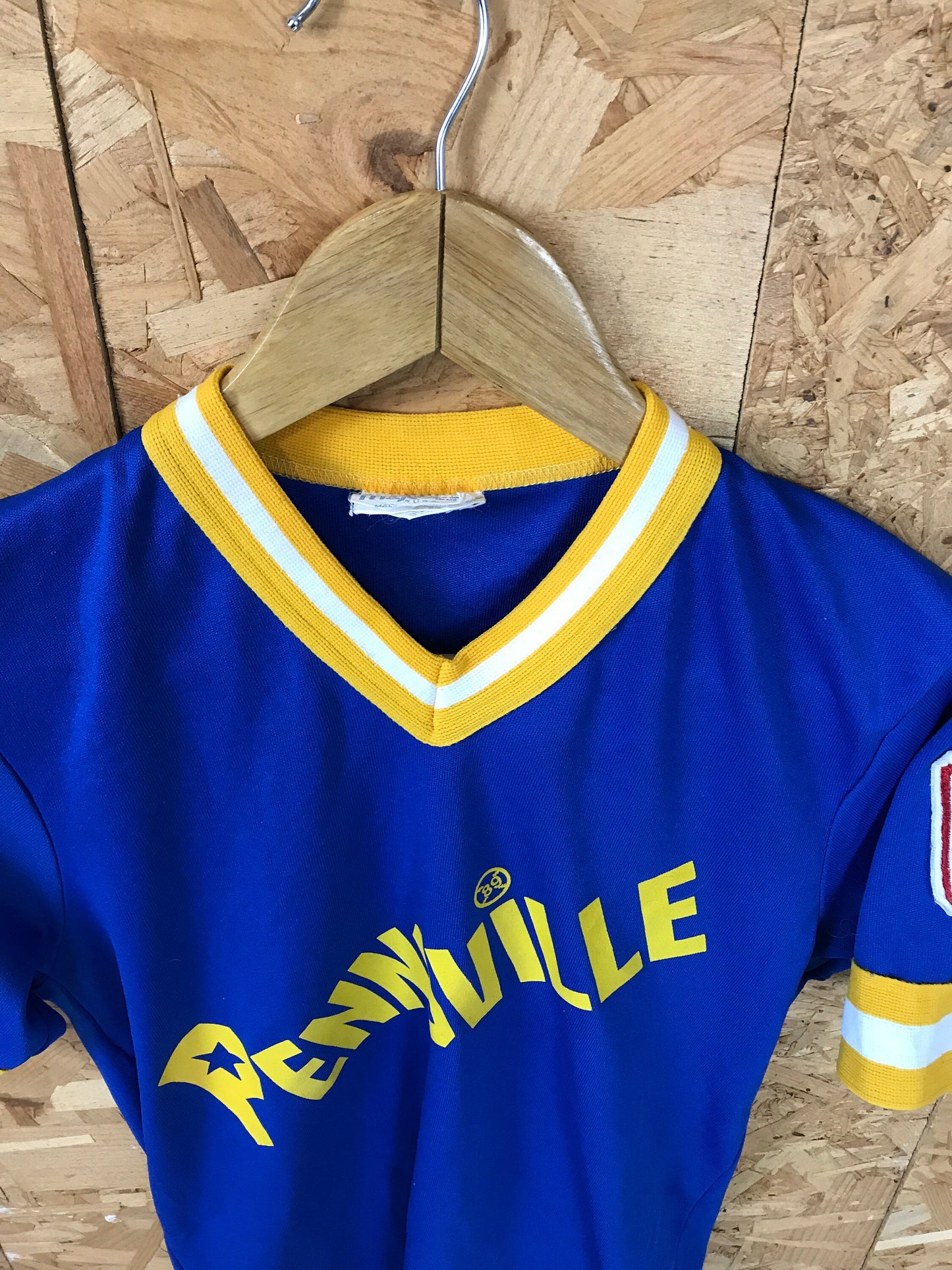 Vintage 80s Pennsville McCaffery #4 college league softball v-neck souvenir USA blue & yellow t-shirt size small