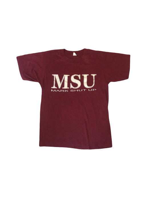 Vintage 90s MSU 'Mark Shut Up' souvenir quirky college team burgundy red  USA t-shirt size small