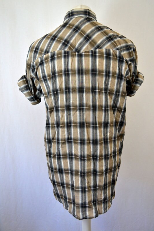 Vintage 90s beige blue grey check shirt by Cherokee size medium oversized fit