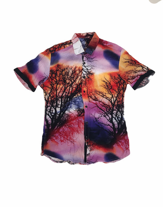 Vintage 90s multicolor tree silhouette scene hawaiian rayon shirt size medium