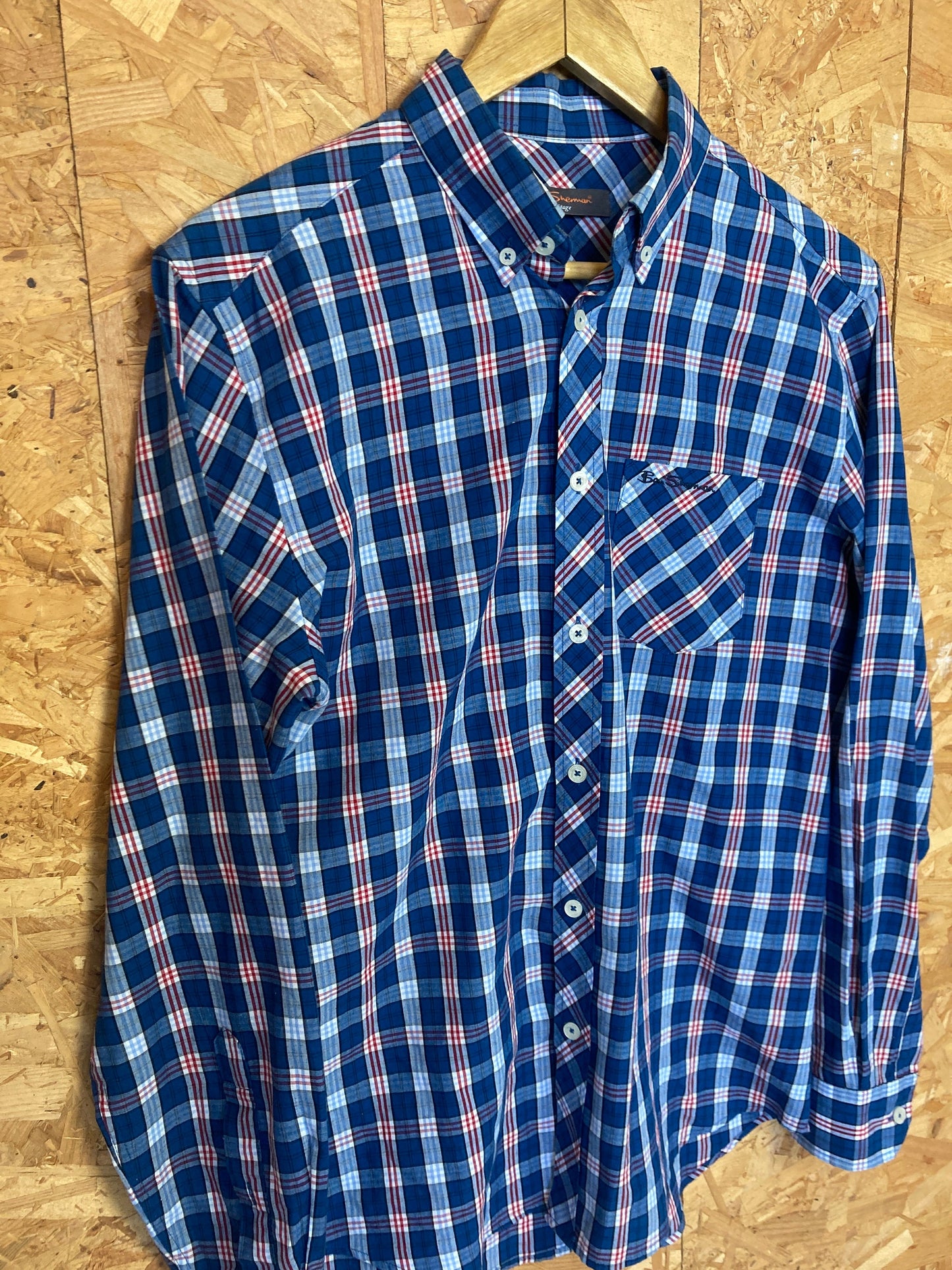 Vintage Ben Sherman blue red tablecloth check long sleeve Mod skinhead retro punk shirt size small