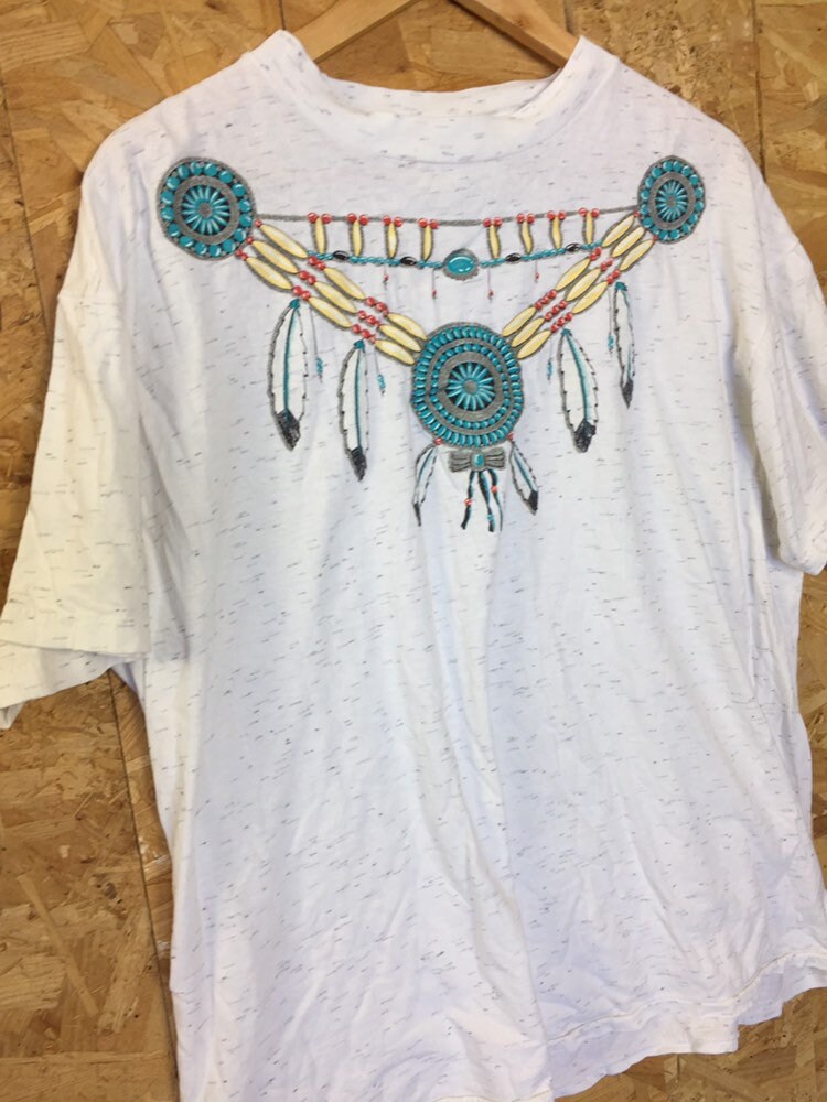 Vintage 90s USA Souvenir Native American costume style decoration white grey fleck t-shirt size XL