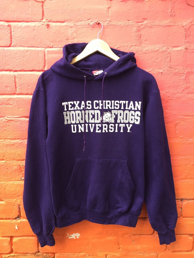 Vintage 90s Champion USA Texas Christian Horner frogs university hoodie purple white embroidered spellout size small