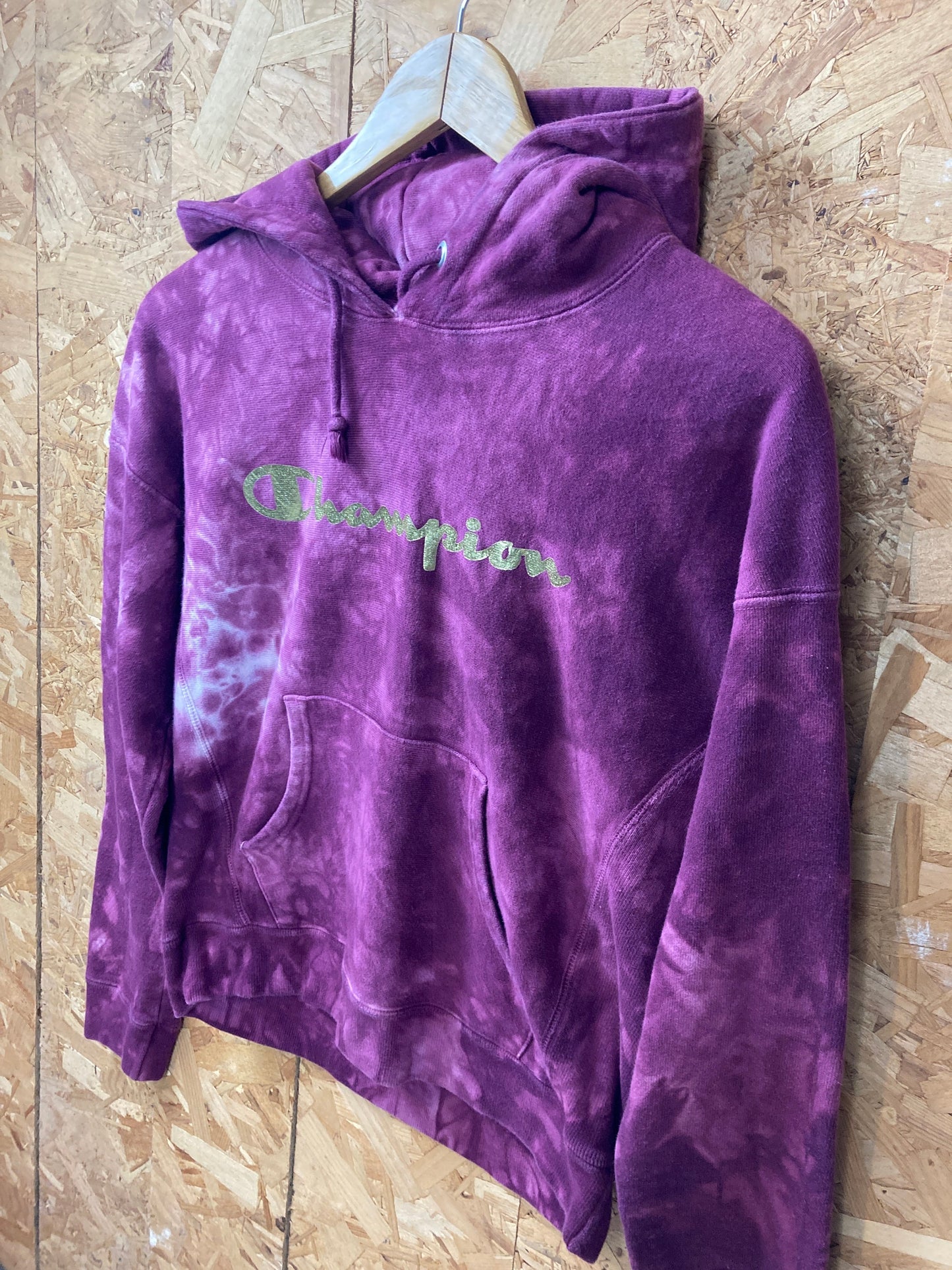 Vintage 90s Champion USA reverse weave  customised tie dye purple hoodie with golden spellout size small