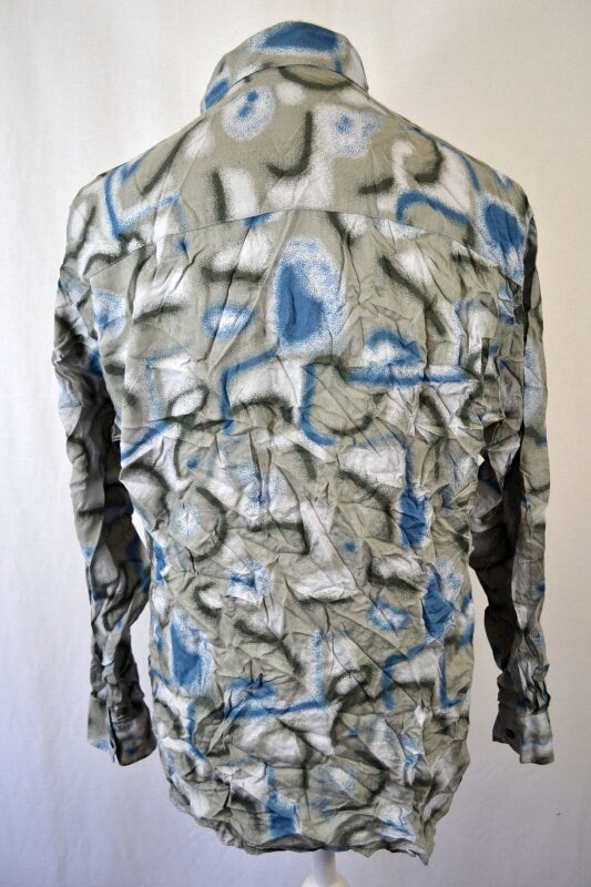 Vintage 90&#39;s grey blue Psychedelic wavy  Pattern long sleeve viscose Shirt size large