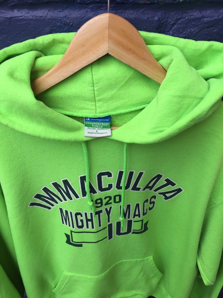 Vintage 90s Champion USA Immaculata Mighty Mac’s Varsity  college hoodie lime green & blue spellout