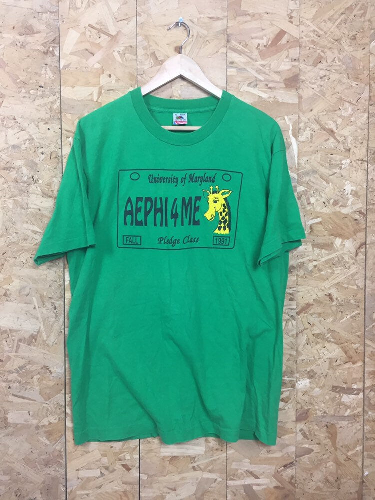 Vintage 1991 USA university of Maryland pledge class giraffe AEPHI4ME green t-shirt size XL