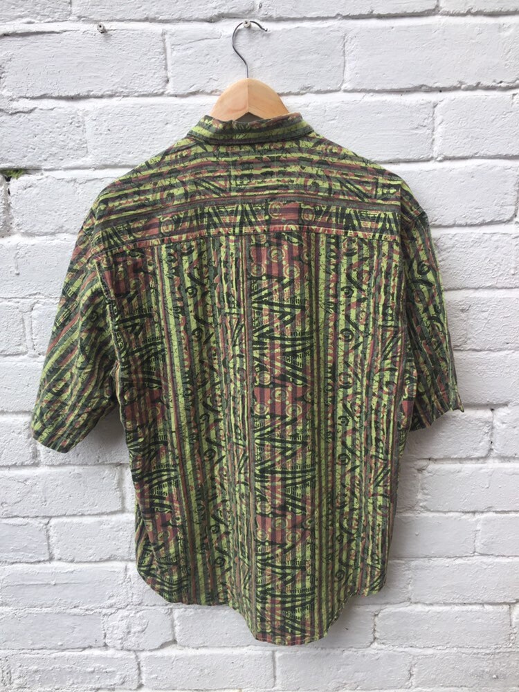 Vintage 90s lime green batik print pattern striped oversized shirt sleeve shirt oversized size medium