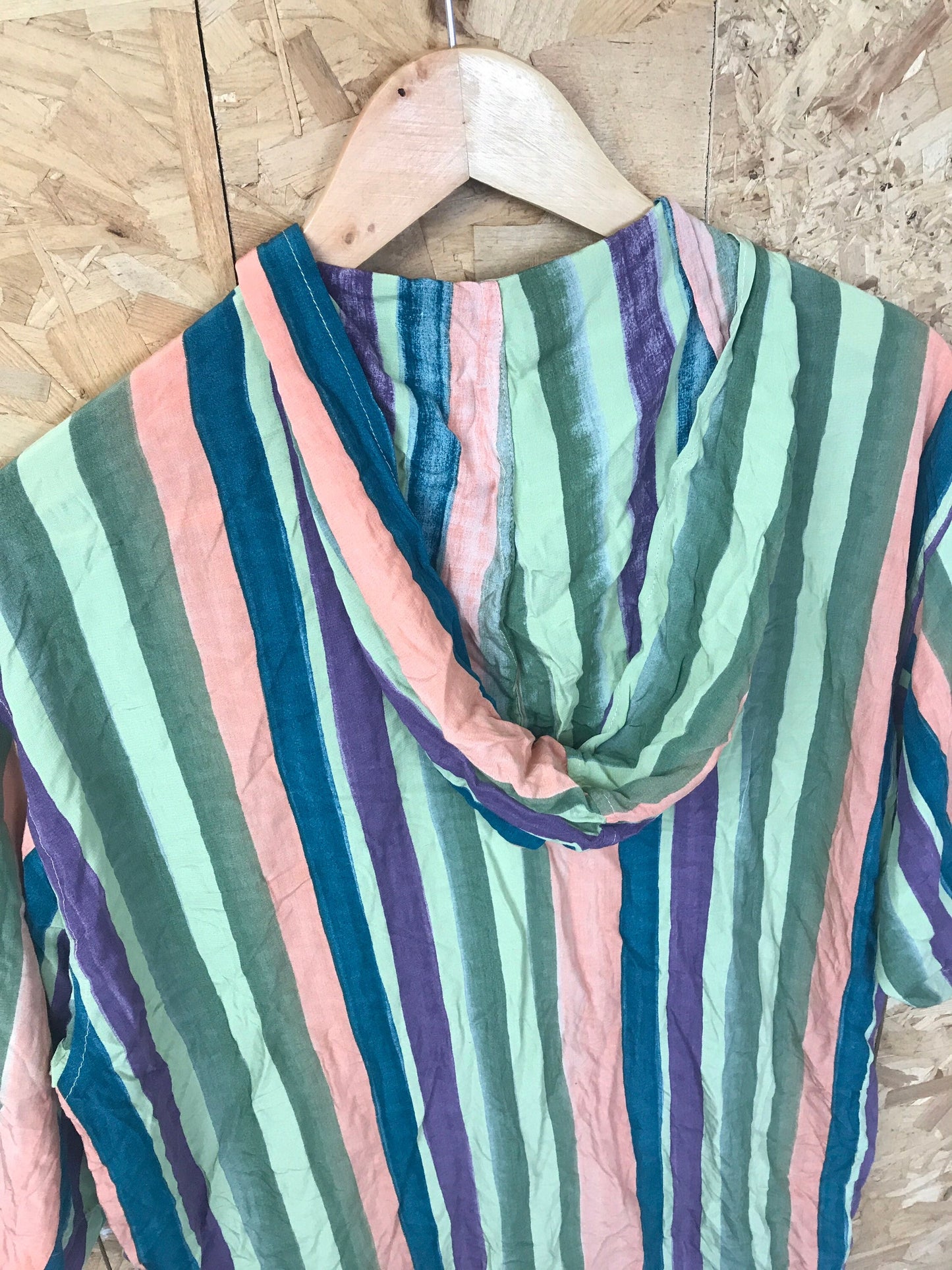 Vintage 90s United Colours of Benetton green orange purple striped short sleeve hooded rayon shirt size large