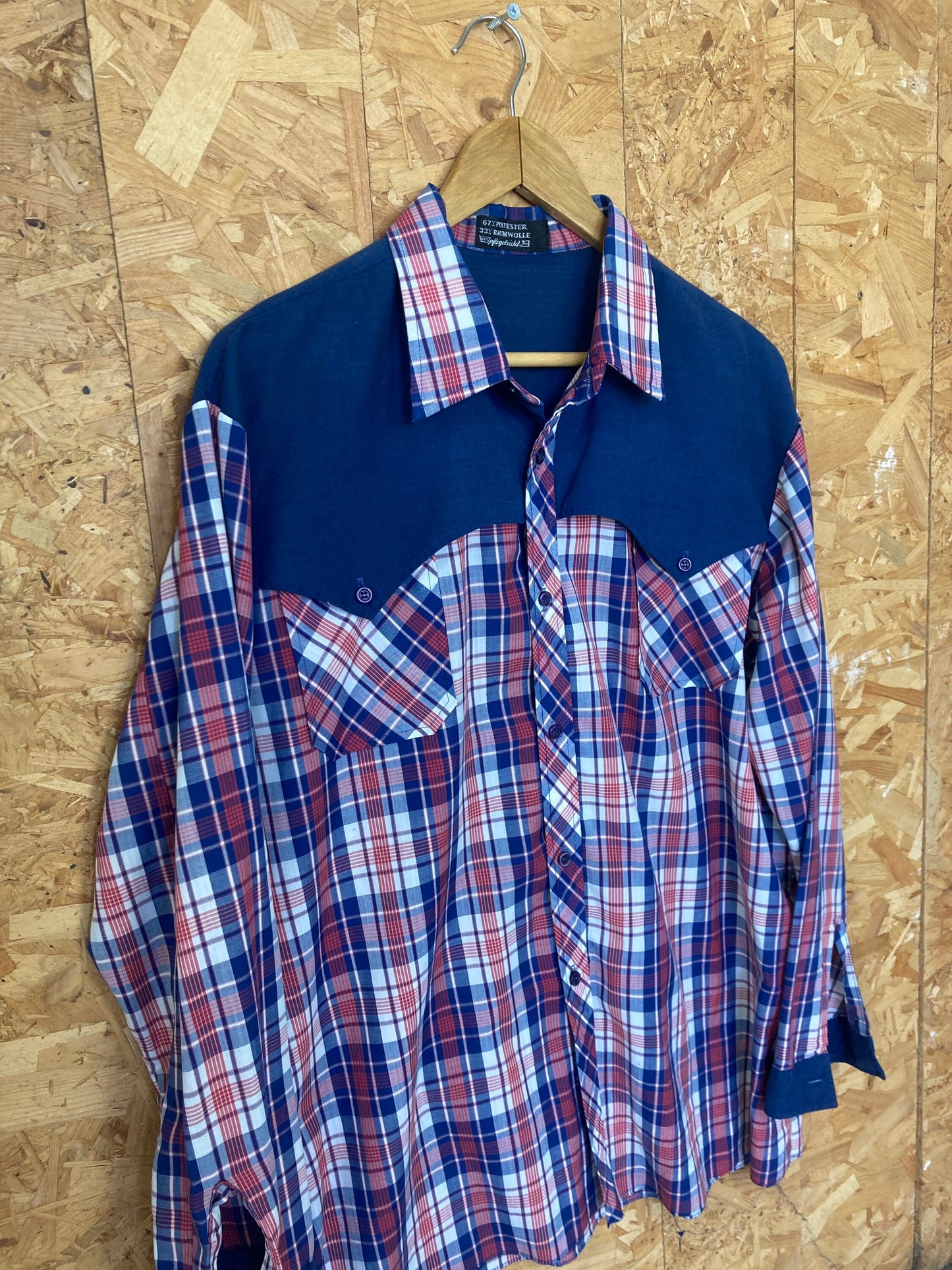 Vintage 80s red blue check pattern & navy yoke western county cowboy shirt size medium/large