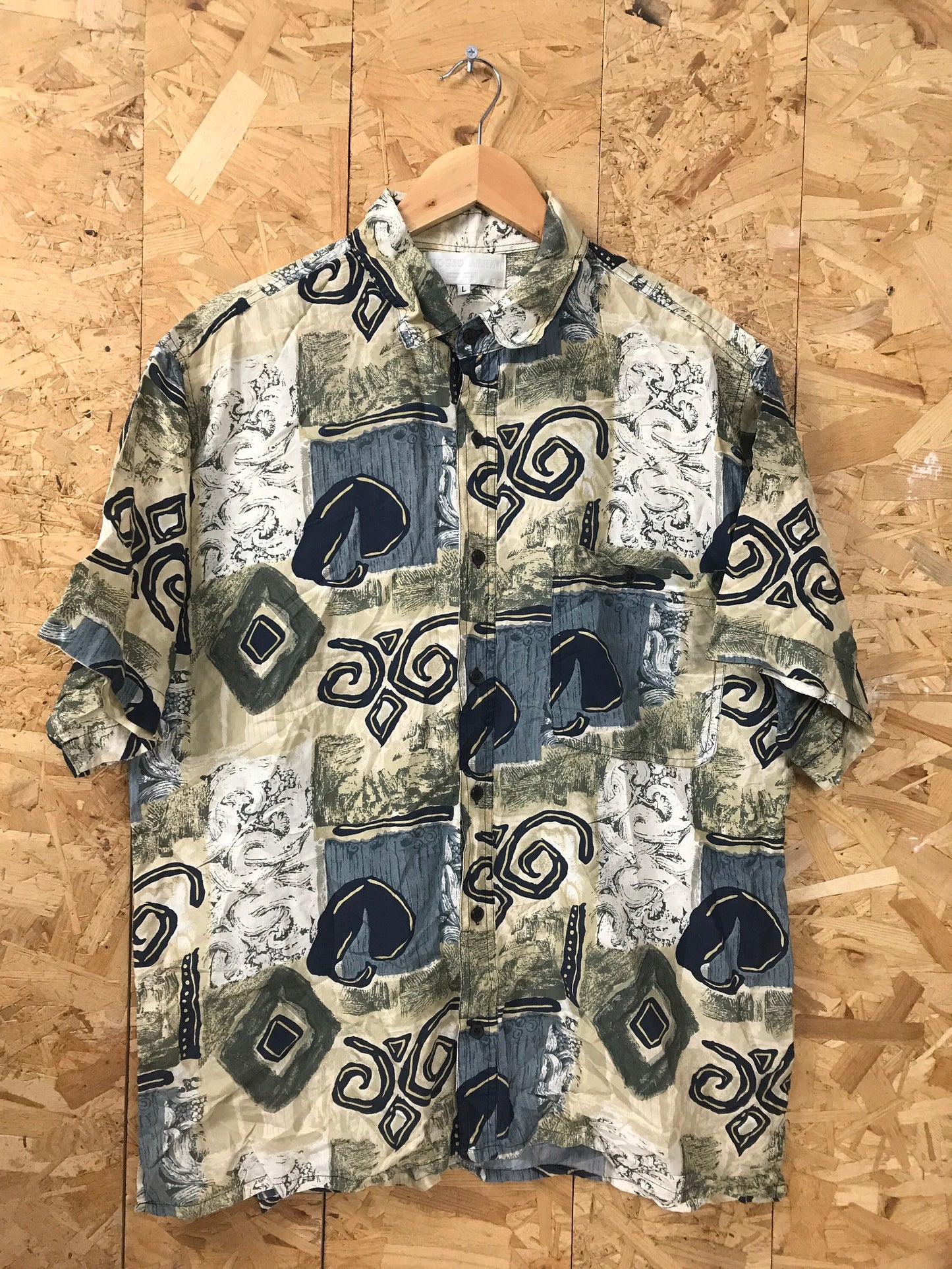 Vintage 90s men’s ugly abstract scrapbook pattern 100% silk beige, grey grungy navy blue green festival short sleeve shirt size large