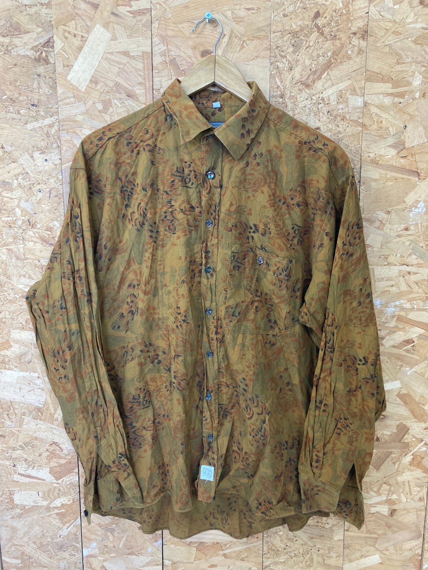 Vintage 90s ugly grungy abstract pattern chestnut brown oversized long sleeve viscose shirt size large