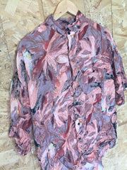 Vintage 90s mens coral pink red brown mao grandad collar abstract crazy pattern short sleeve party festival eccentric shirt size XL