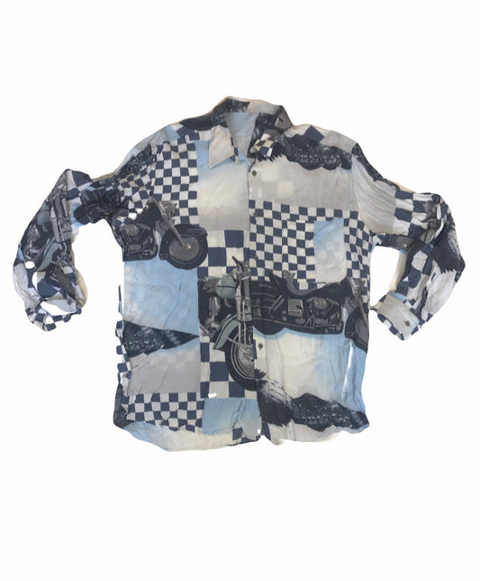 Vintage 90s pastel blue grey Motorbike cafe racer chequered flag Print Crazy pattern Shirt size XL