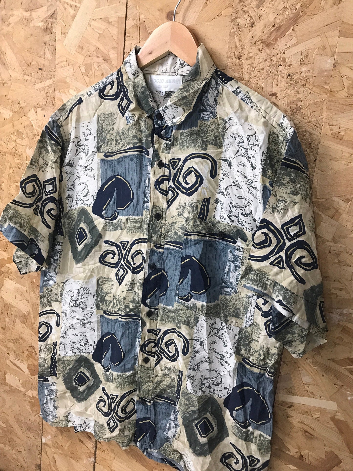 Vintage 90s men’s ugly abstract scrapbook pattern 100% silk beige, grey grungy navy blue green festival short sleeve shirt size large