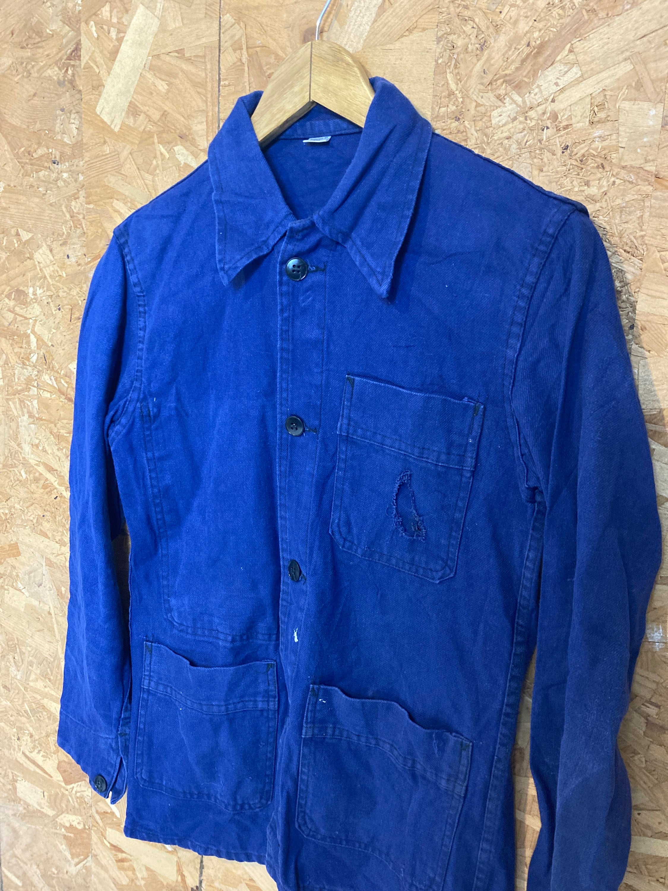 Vintage 80s french distressed navy indigo blue workers chore Sanforized cotton drill size small