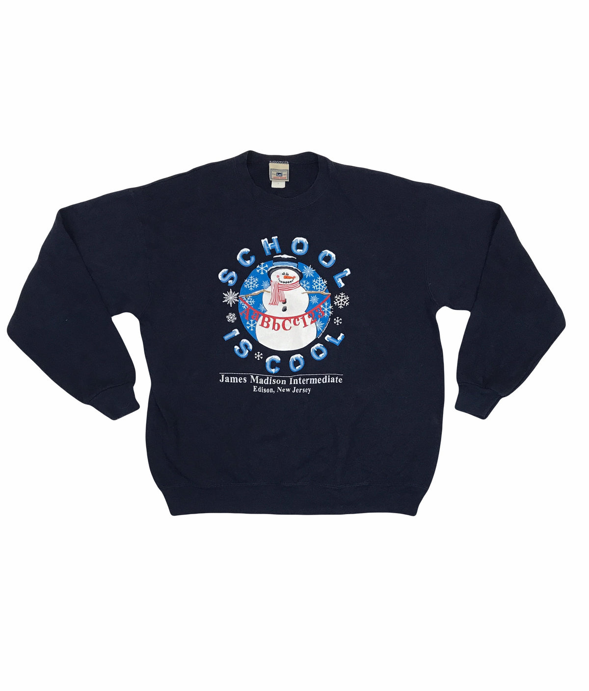 Vintage 00s USA &quot;School is Cool&quot; James Madison Intermediate New Jersey navy blue sweater by Lee size large