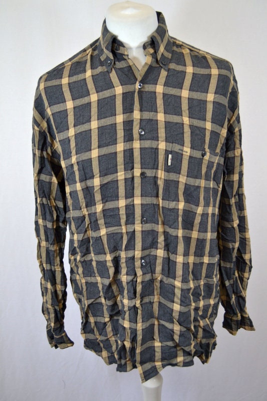 Vintage 90s heavyweight grey beige plaid check pattern oversized medium shirt