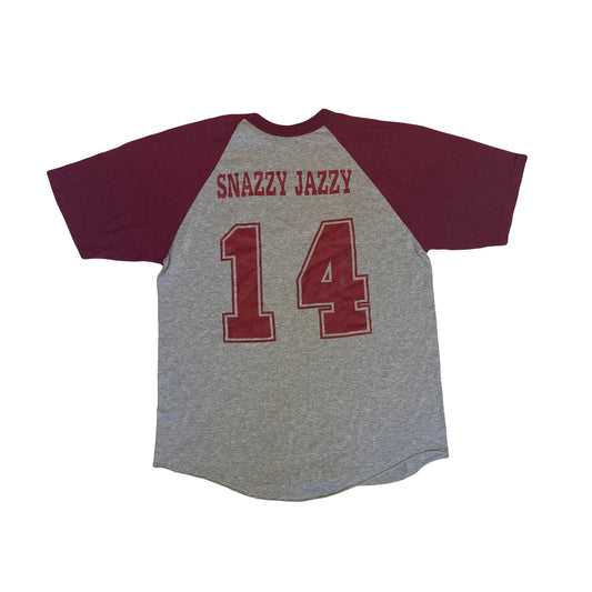 Vintage 90s Snazzy Jazzy ‘14 maroon maniacs USA souvenir college grey burgundy baseball t shirt size medium