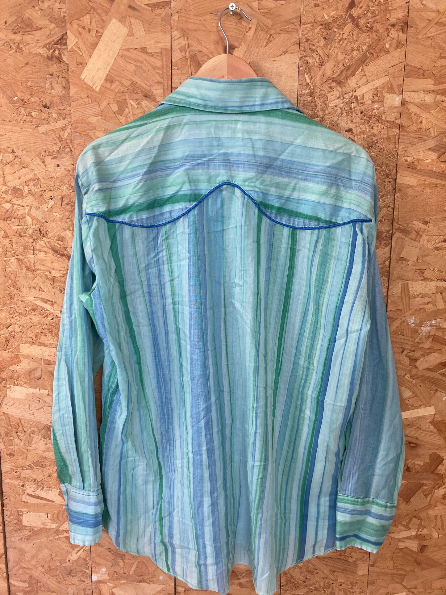 Vintage 80s JC penny blue green striped piping western cowboy shirt size 17” large