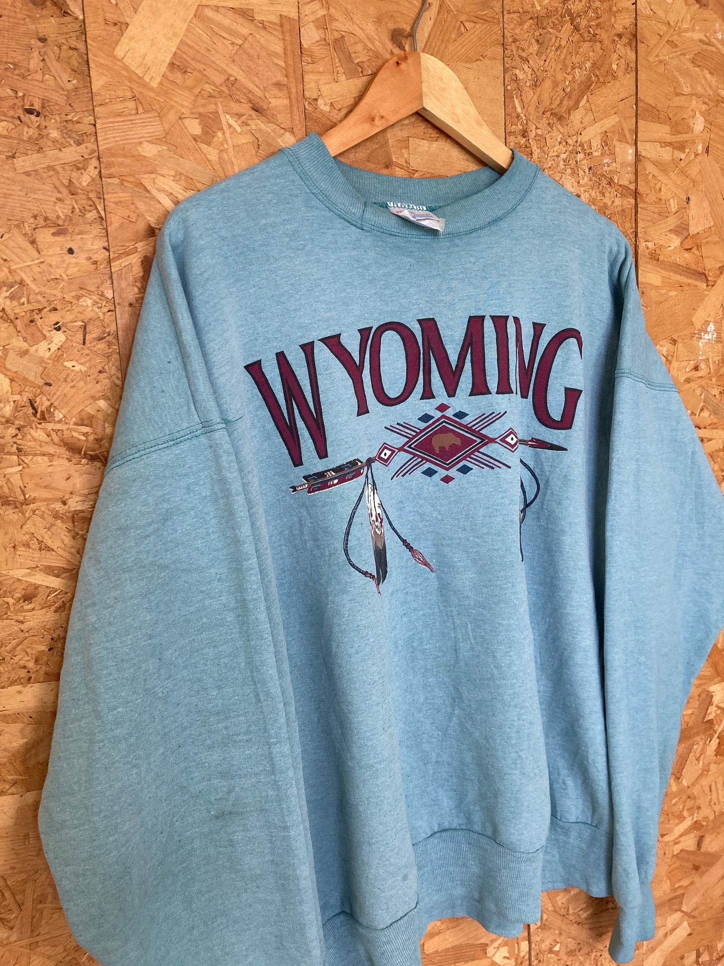 Vintage 90s light turquoise blue Wyoming USA souvenir crew neck sweater size XL