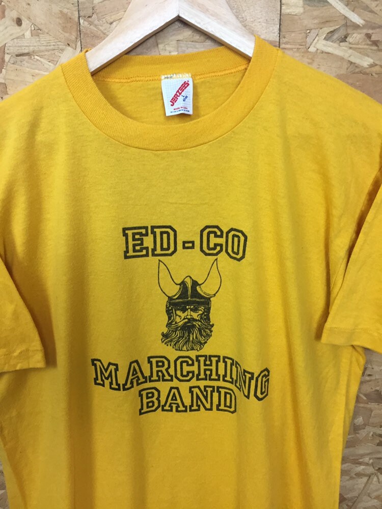 Vintage USA quirky high school Ed-Co Marching Band ‘Chop’ USA yellow t shirt size large