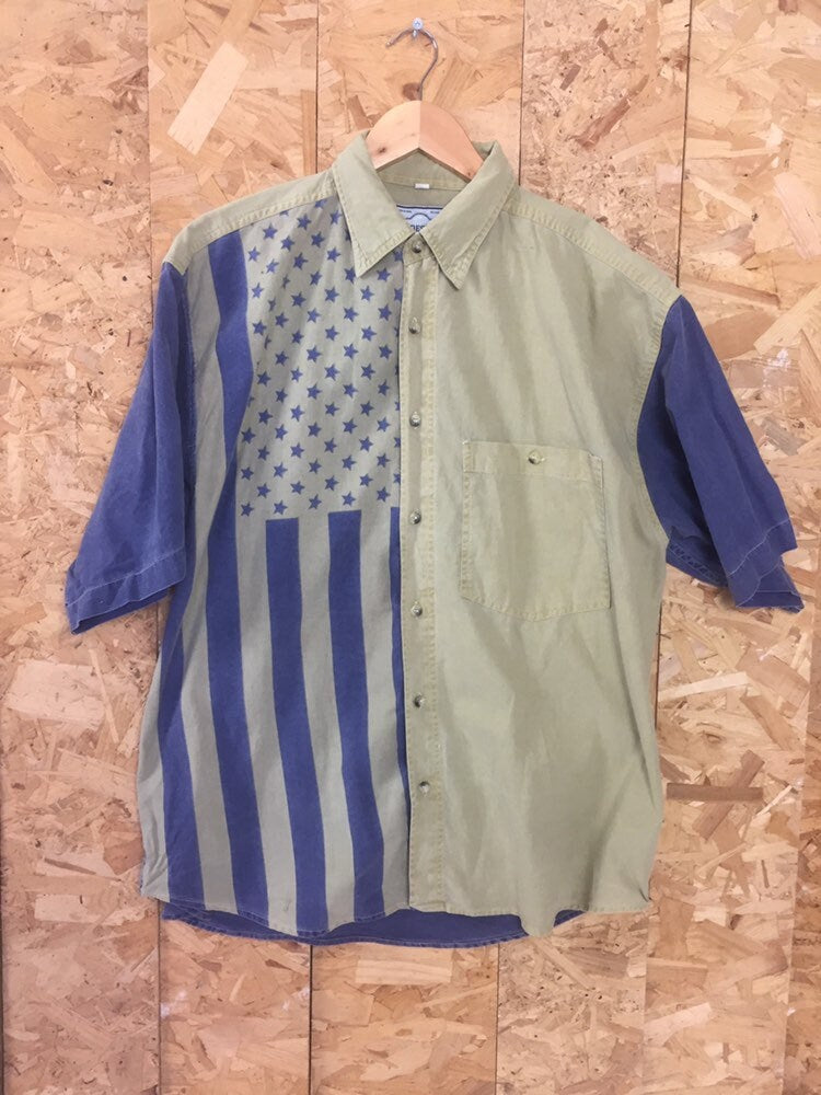 Vintage 90s blue beige block panel USA Stars and Stripes flag western print shirt size large