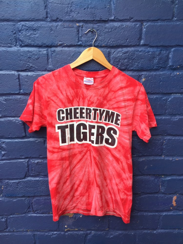 Vintage 90s tie dye red pink Cheertyme Tigers USA college psychedelic rave t-shirt size small