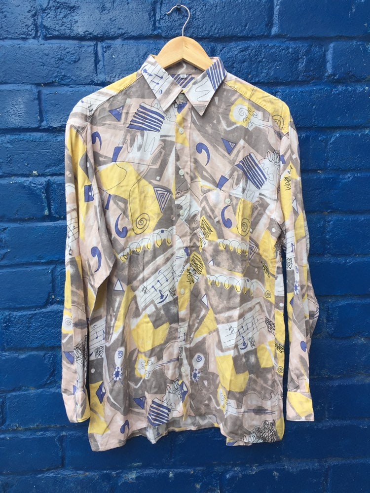 Vintage 80s crazy yellow blue wavy abstract art watercolour pattern soft rayon shirt oversized medium