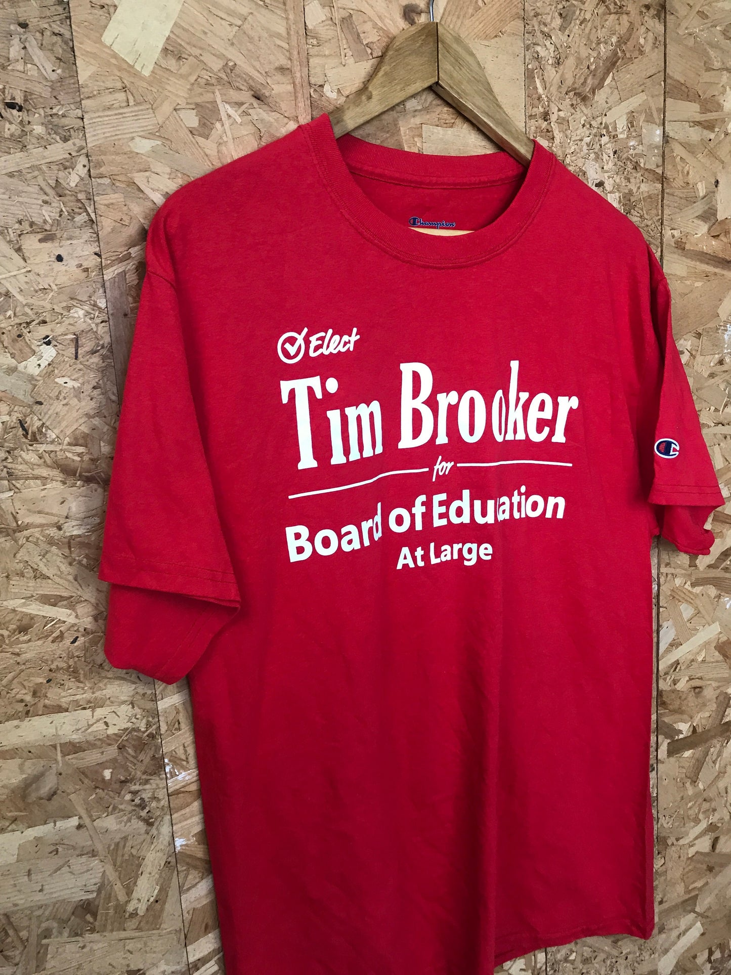 Vintage Y2K Elect Tim Brooker board of education funny souvenir quirky red USA t-shirt size large by Champion