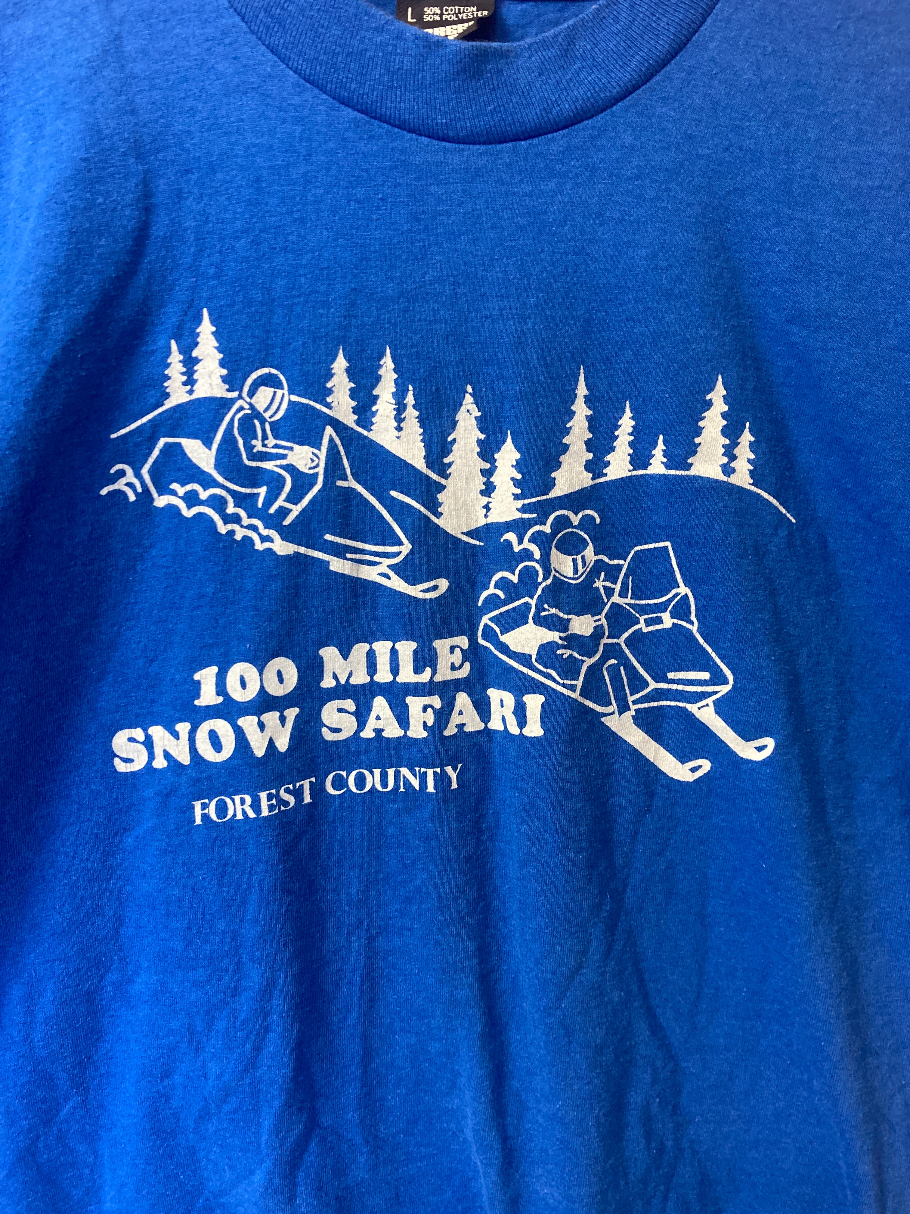 Vintage 90s blue 100 mile snow safari forest county souvenir t-shirt size large