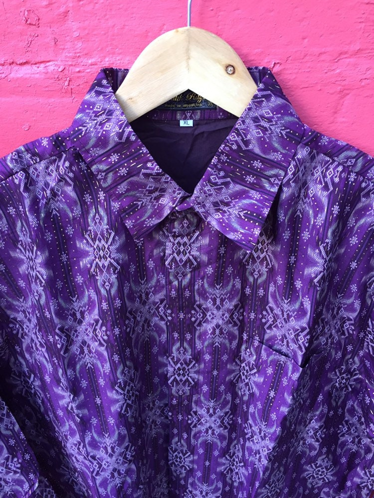 Vintage 80s tunic style silk Indonesian purple shirt with Aztec gold thread pattern size XL