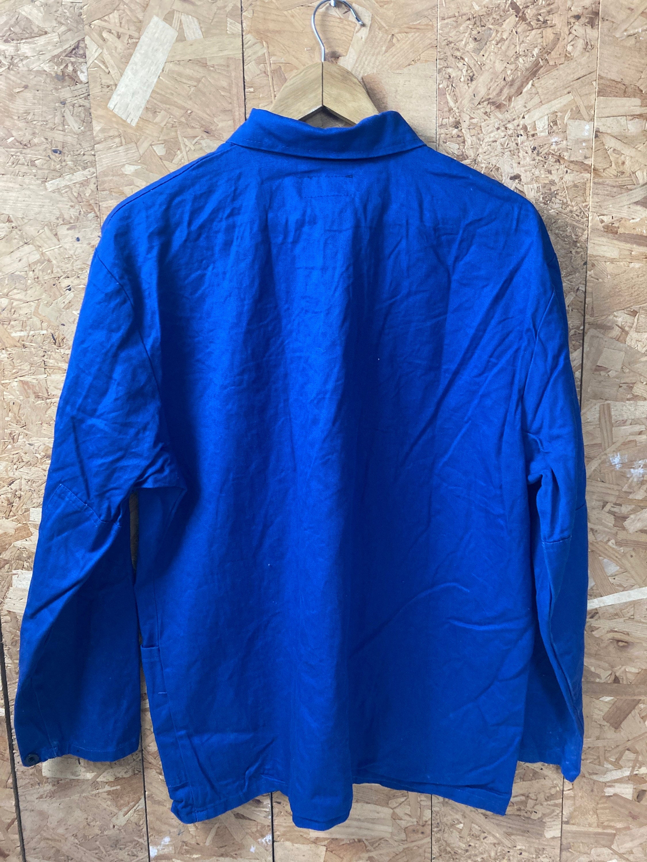 Vintage 90s French / Eastern Europe mid cobalt blue workers chore button jacket sanforized cotton drill distressed size large