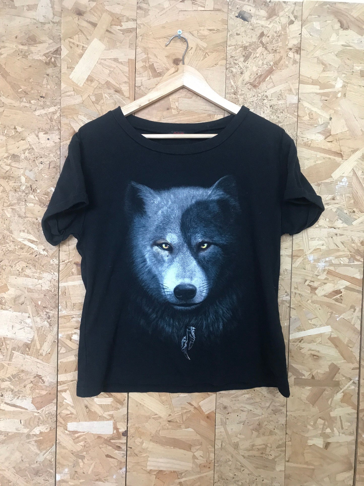 Vintage 00s ladies spiritual ying yang wolf face moonlight t-shirt size 2XL