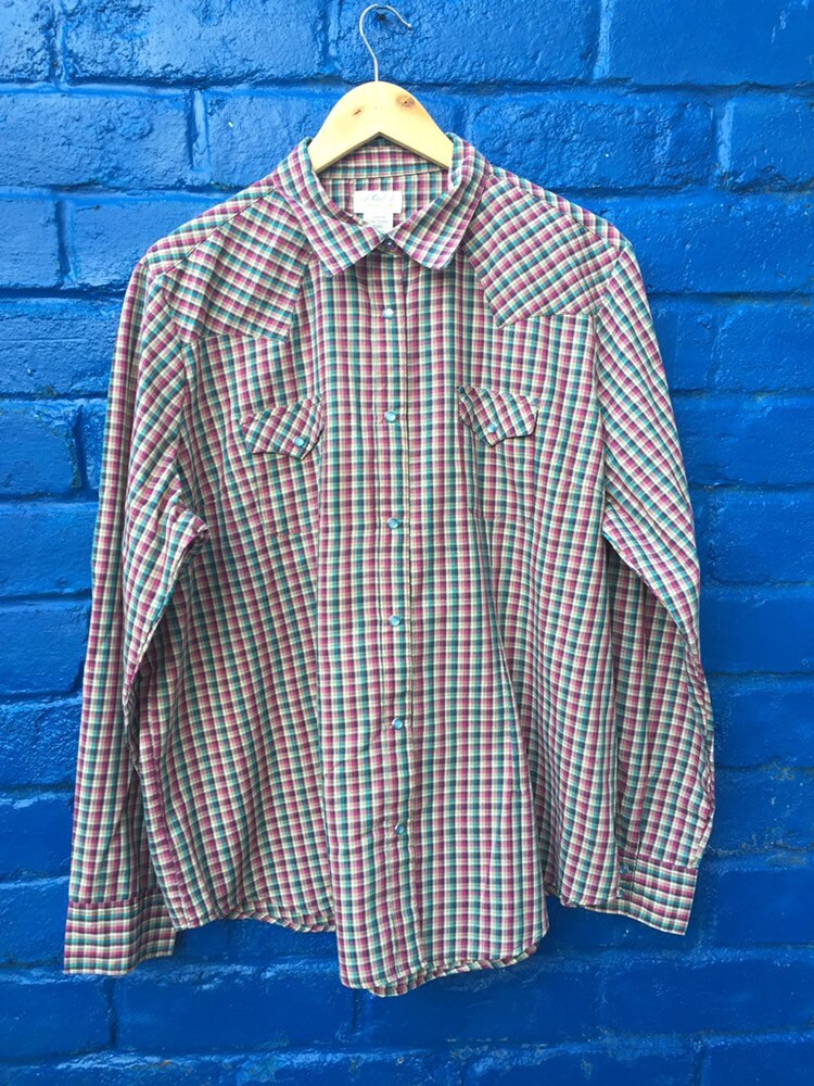 Vintage Wrangler fine check western cowboy shirt with blue pearl snap buttons XXL