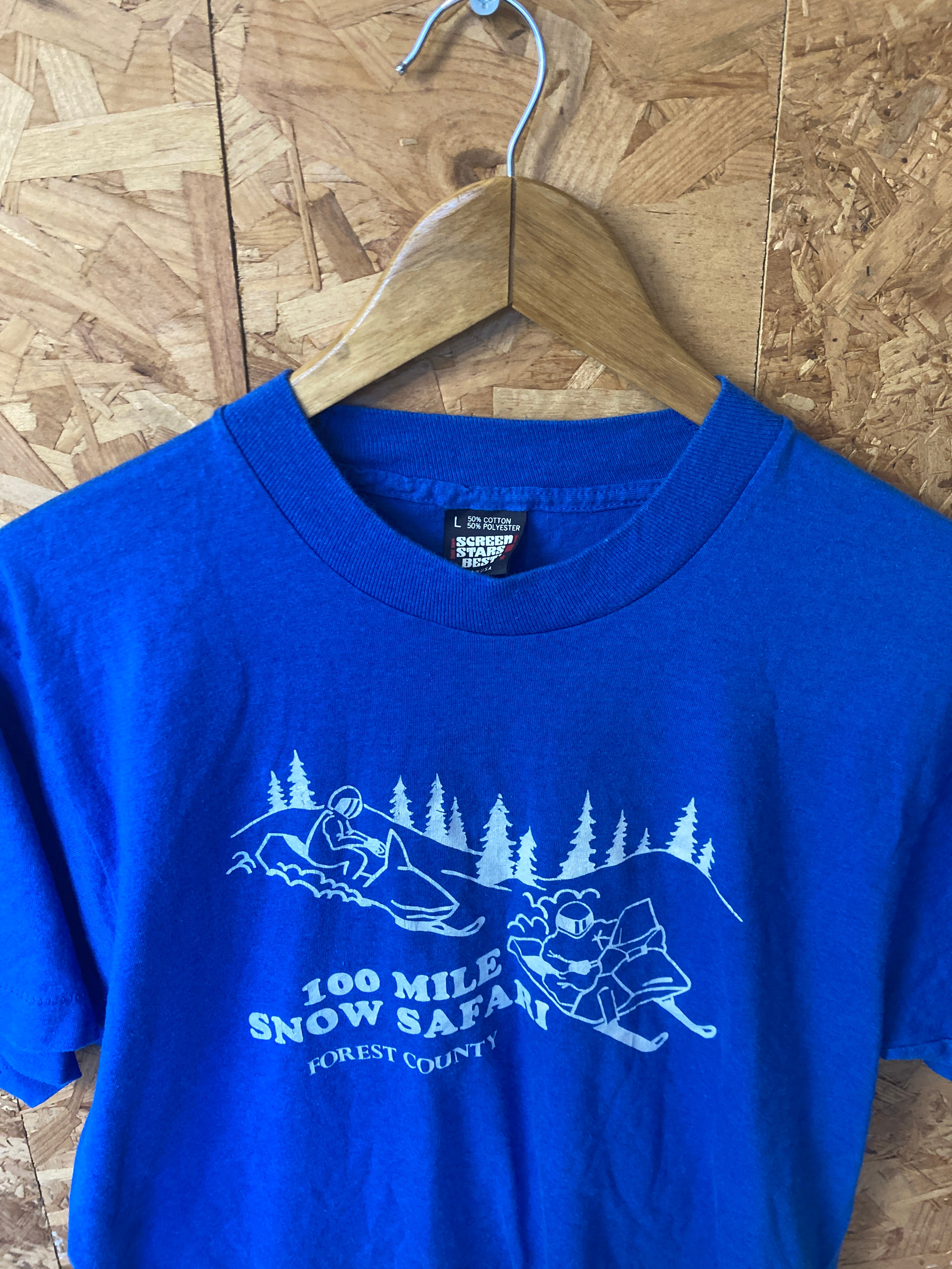 Vintage 90s blue 100 mile snow safari forest county souvenir t-shirt size large