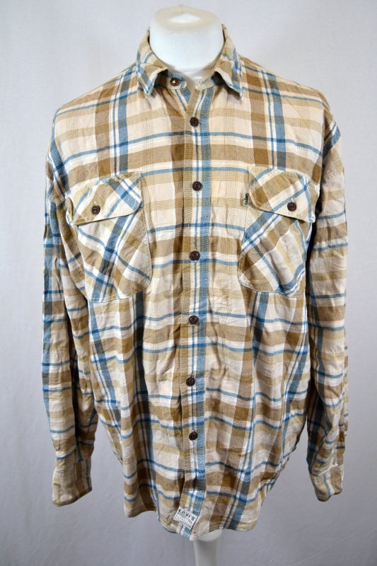 Vintage 90s beige blue large check heavy cotton shirt by Levis size large