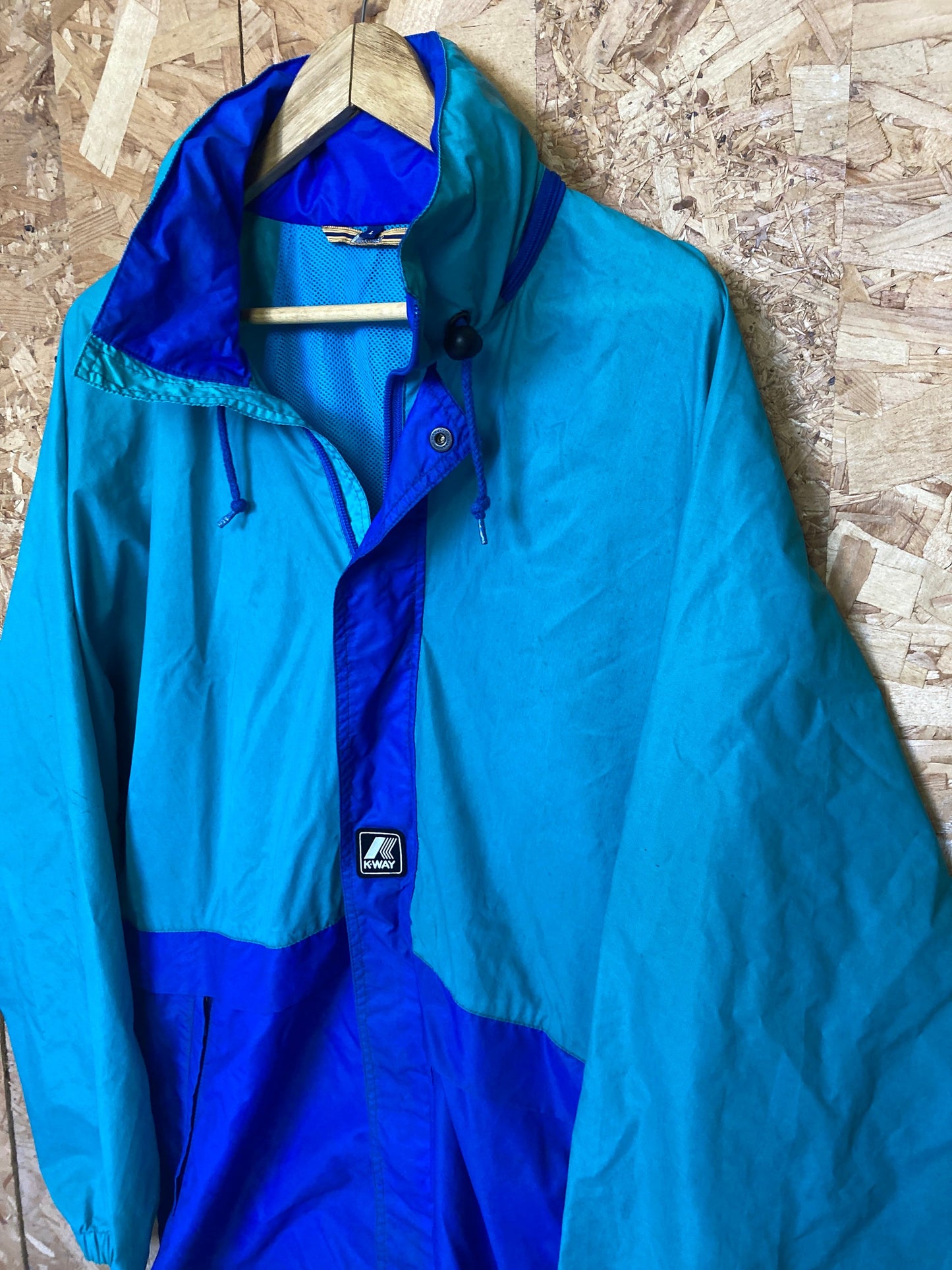 Vintage 90s K-Way blue green raincoat windbreaker waterproof rain jacket size large