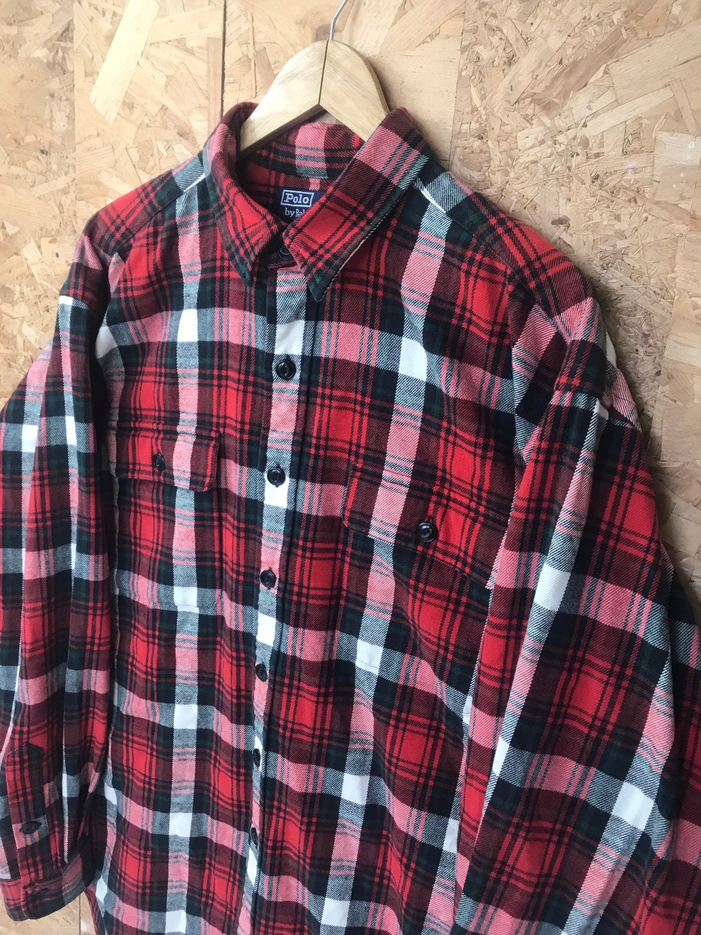 Vintage Y2K red black white check soft brushed wingfield heavy cotton oversized CPO shirt size XL by Ralph Lauren