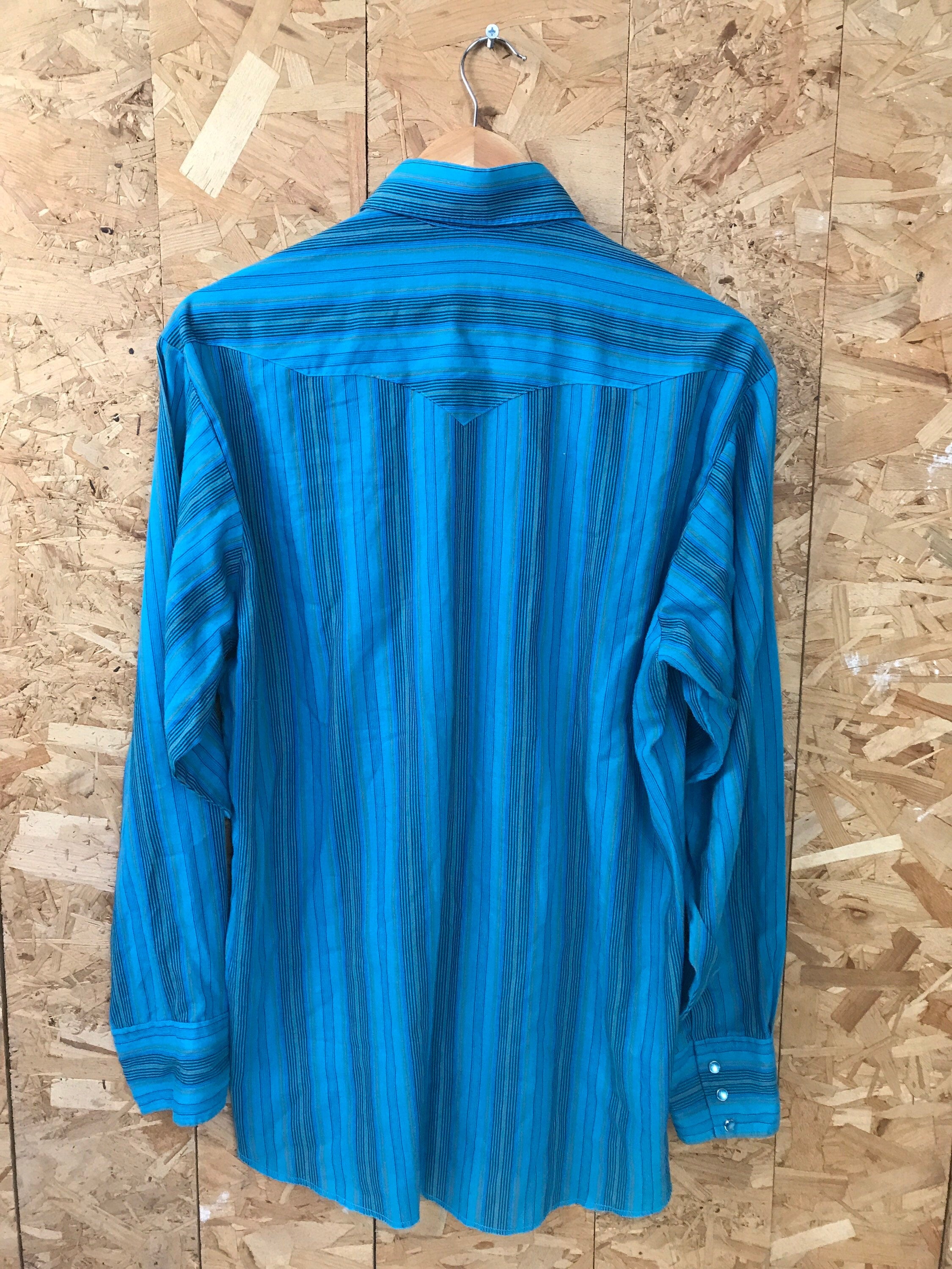 Vintage 80s Panhandle Slim turquoise blue cotton striped USA western shirt size large 16/32