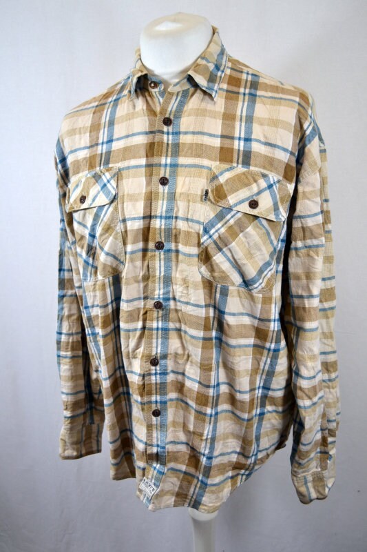 Vintage 90s beige blue large check heavy cotton shirt by Levis size large