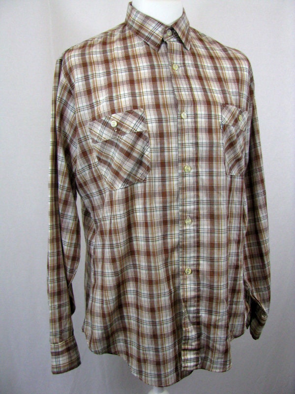 Vintage 80s Levis beige brown green light cotton check plaid shirt size XL