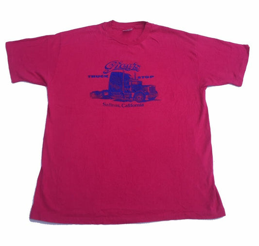 Vintage 80s Giegs Truck Stop Salinas California USA souvenir bright pink blue t-shirt size XL