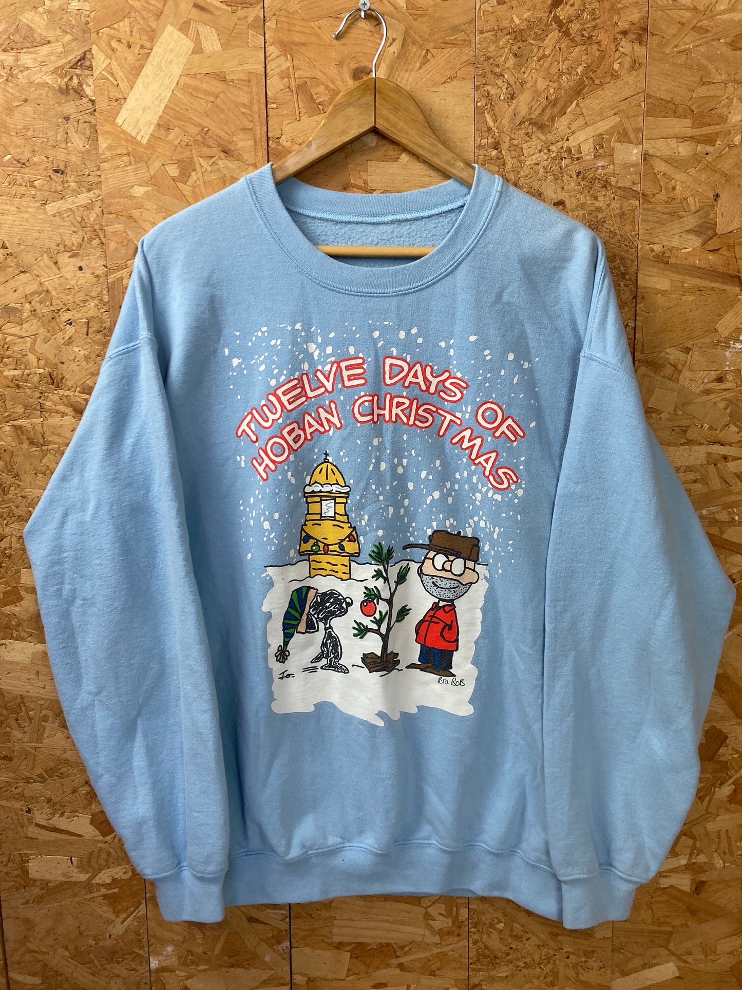 Vintage 90s 12 days of Hoban Christmas quirky USA pastel blue crew neck Xmas sweater oversized XL