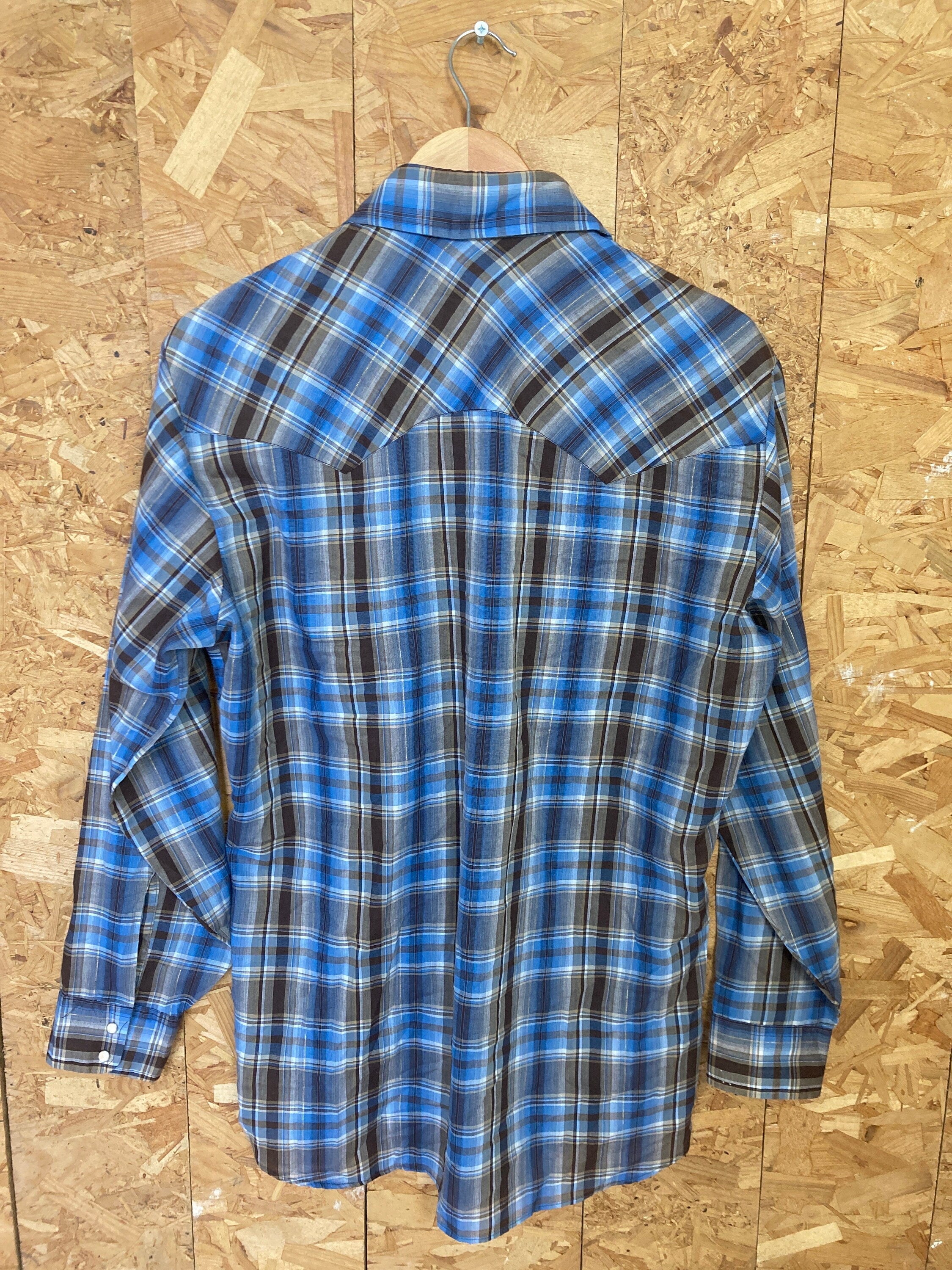 Vintage 80s Levis beige blue brown cotton check plaid western cowboy rancher shirt size large