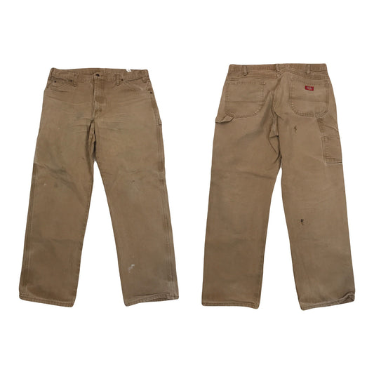 Vintage 90s W38 L32 worn distressed Dickies heavy cotton tan beige canvas duck weave workwear carpenter pants