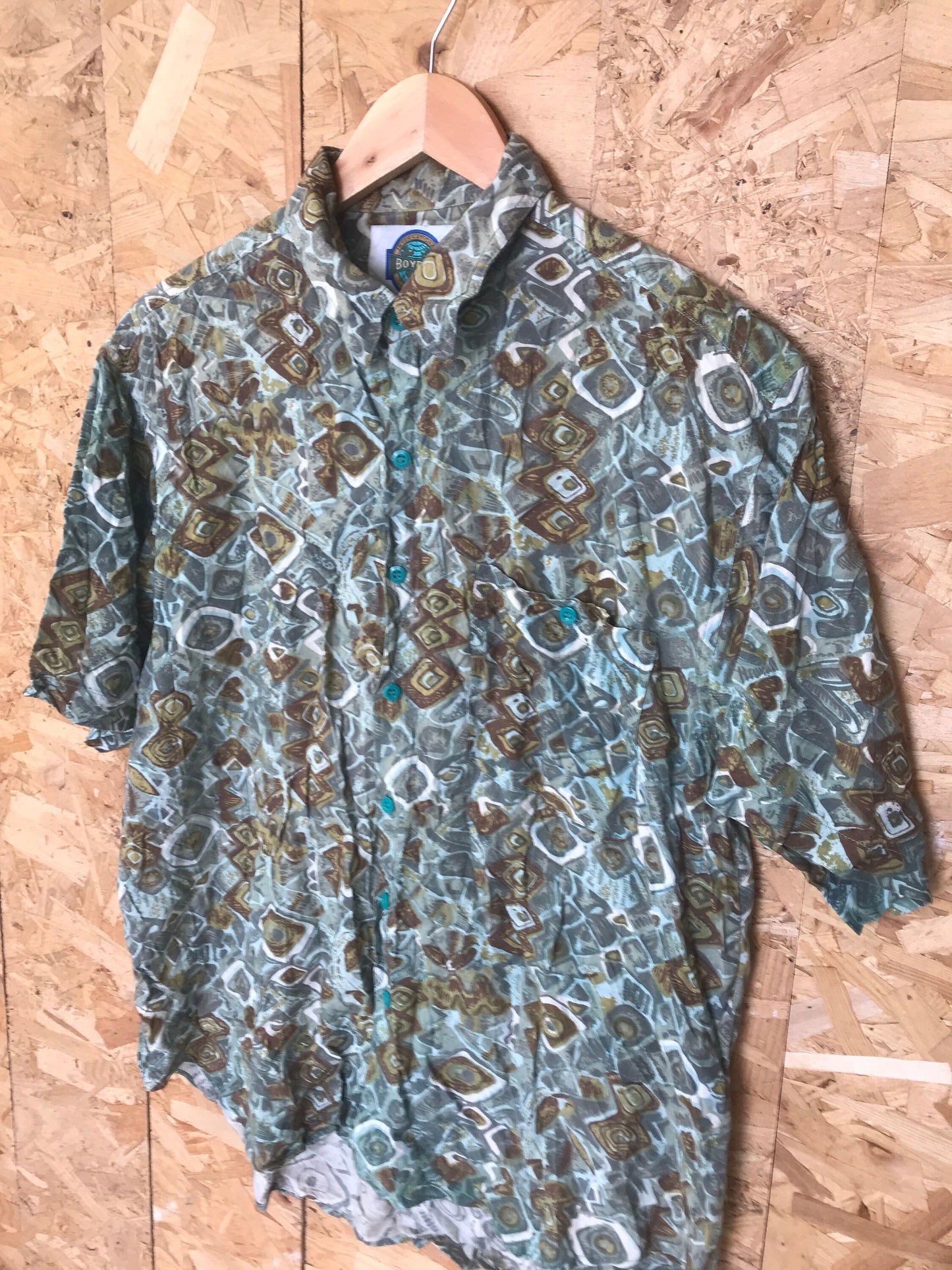 Vintage 90s mens ugly grungy green brown abstract pattern shirt sleeve summer party shirt size medium