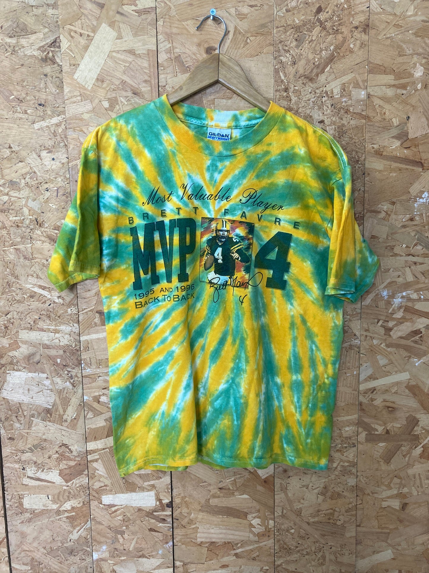 Vintage 90s Brett Favre Green Bay Packers MVP 96&#39; green yellow tie dye souvenir festival t-shirt size medium